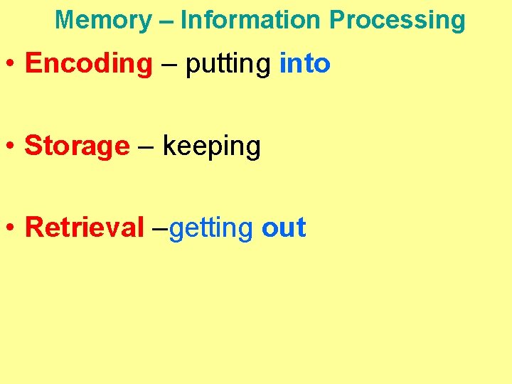 Memory – Information Processing • Encoding – putting into • Storage – keeping •