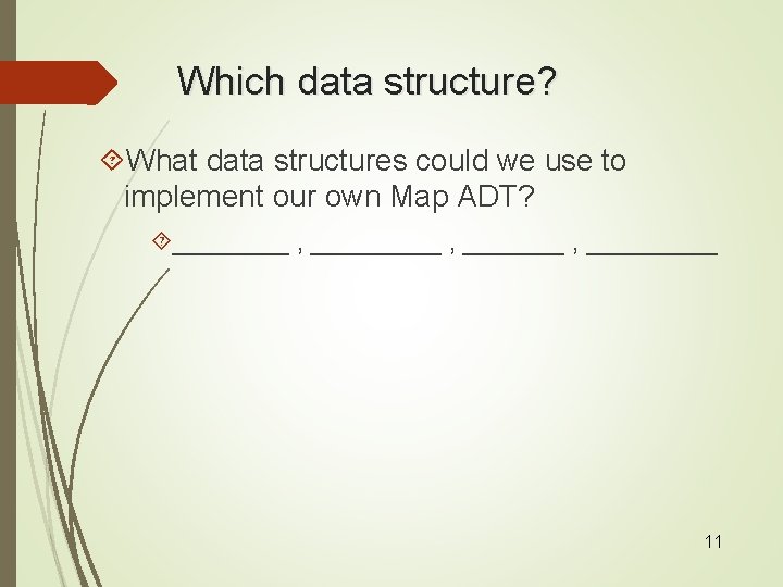 Which data structure? What data structures could we use to implement our own Map