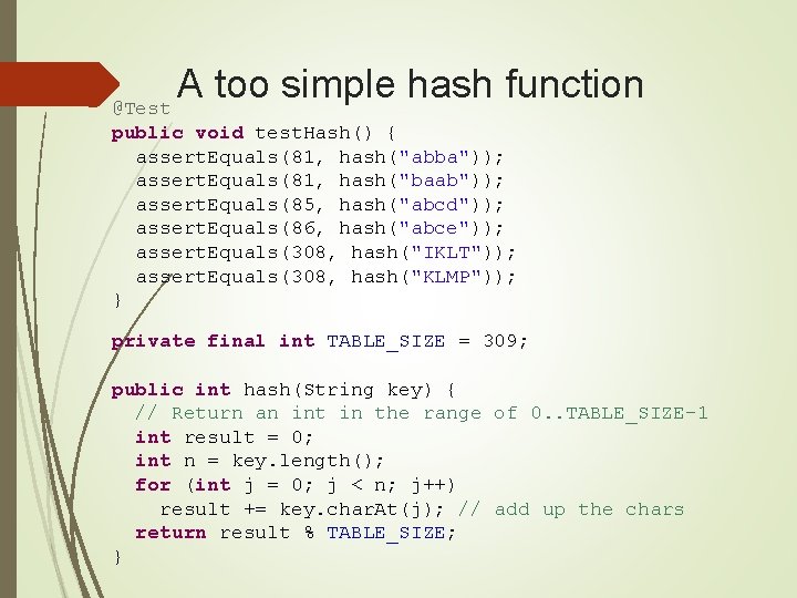 A too simple hash function @Test public void test. Hash() { assert. Equals(81, hash("abba"));