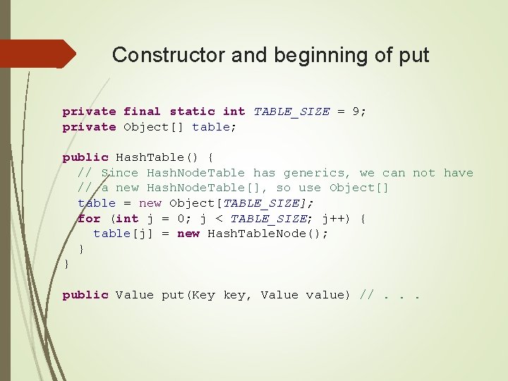 Constructor and beginning of put private final static int TABLE_SIZE = 9; private Object[]