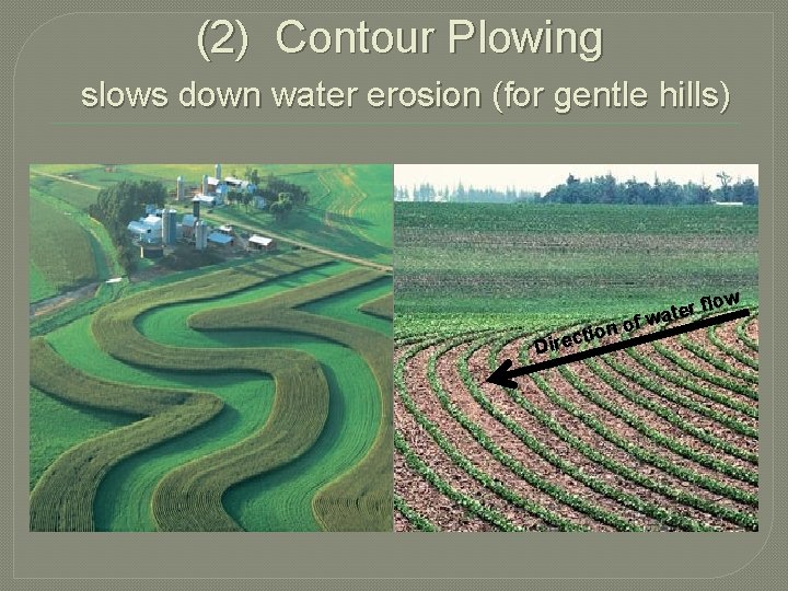 (2) Contour Plowing slows down water erosion (for gentle hills) ow l f r