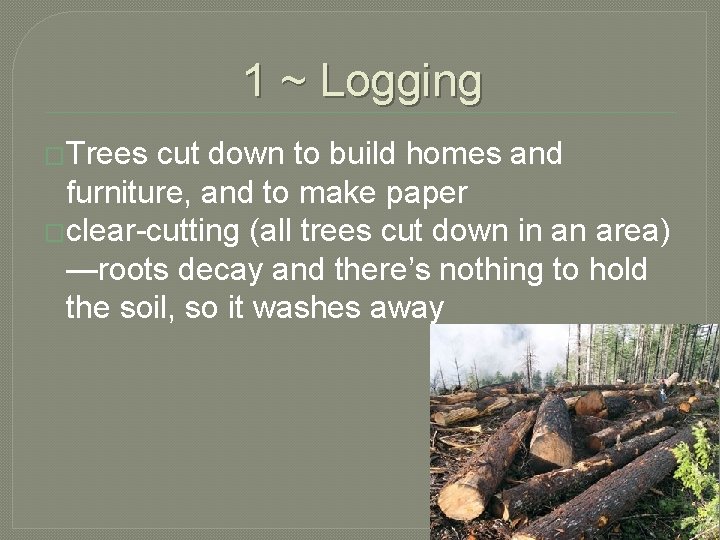 1 ~ Logging �Trees cut down to build homes and furniture, and to make