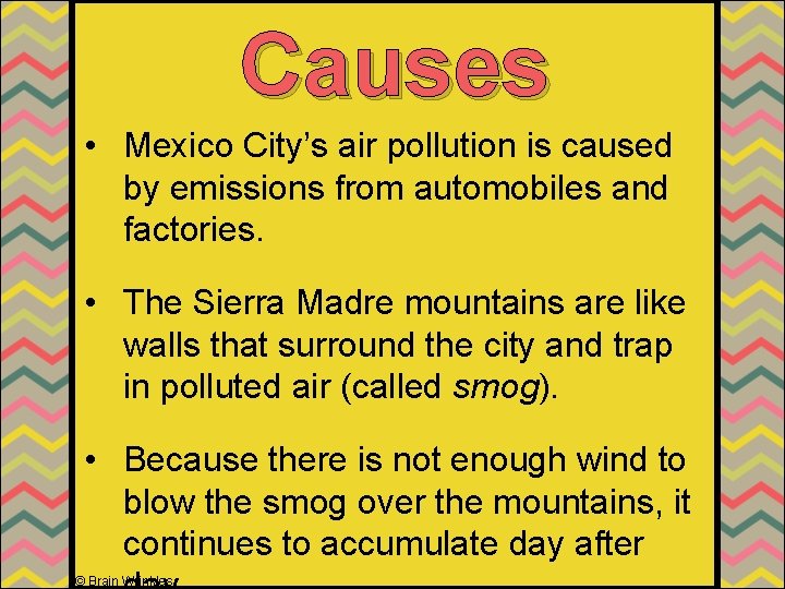 Causes • Mexico City’s air pollution is caused by emissions from automobiles and factories.