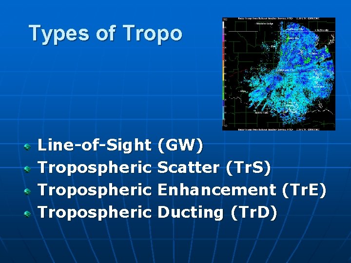 Types of Tropo Line-of-Sight (GW) Tropospheric Scatter (Tr. S) Tropospheric Enhancement (Tr. E) Tropospheric