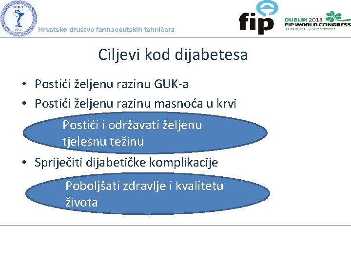 Hrvatsko društvo farmaceutskih tehničara Ciljevi kod dijabetesa • Postići željenu razinu GUK-a • Postići