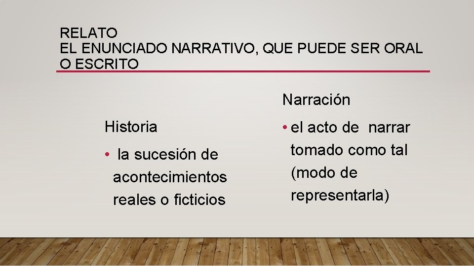 RELATO EL ENUNCIADO NARRATIVO, QUE PUEDE SER ORAL O ESCRITO Narración Historia • la