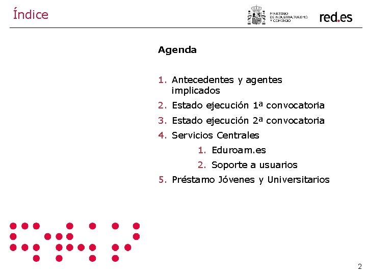 Índice Agenda 1. Antecedentes y agentes implicados 2. Estado ejecución 1ª convocatoria 3. Estado