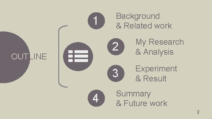 1 OUTLINE 4 Background & Related work 2 My Research & Analysis 3 Experiment