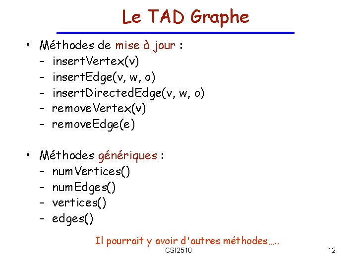 Le TAD Graphe • Méthodes de mise à jour : – insert. Vertex(v) –