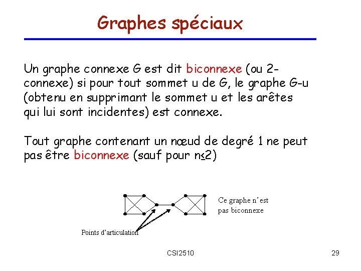 Graphes spéciaux Un graphe connexe G est dit biconnexe (ou 2 connexe) si pour