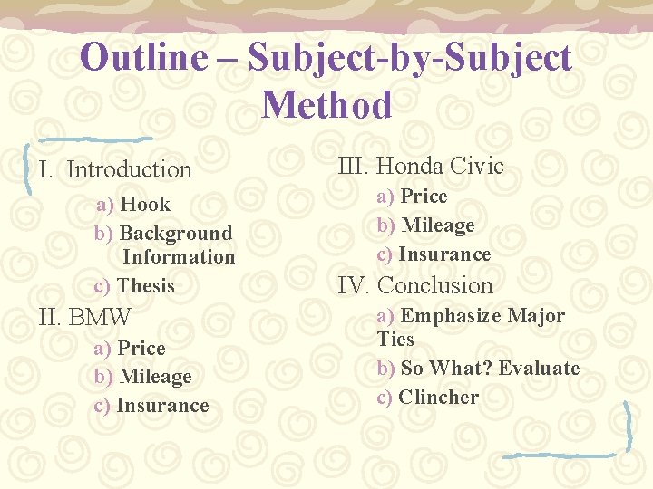 Outline – Subject-by-Subject Method I. Introduction a) Hook b) Background Information c) Thesis II.