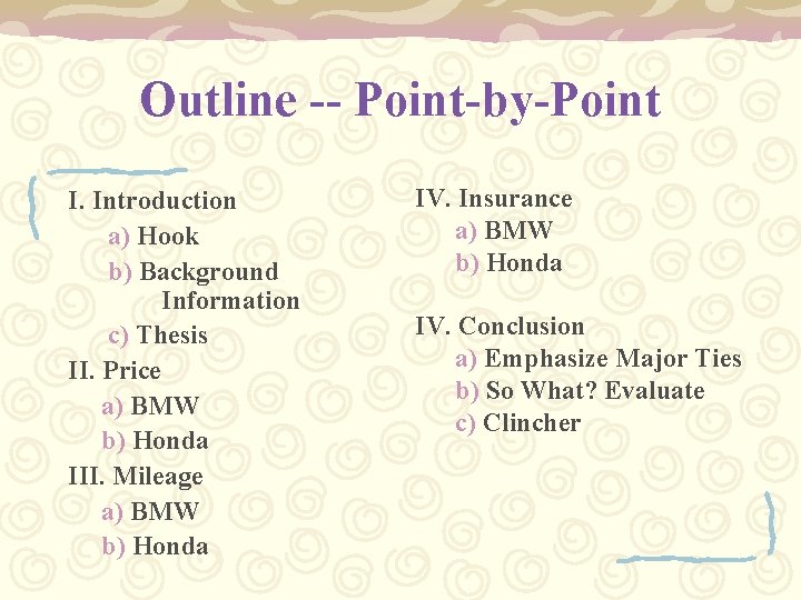 Outline -- Point-by-Point I. Introduction a) Hook b) Background Information c) Thesis II. Price