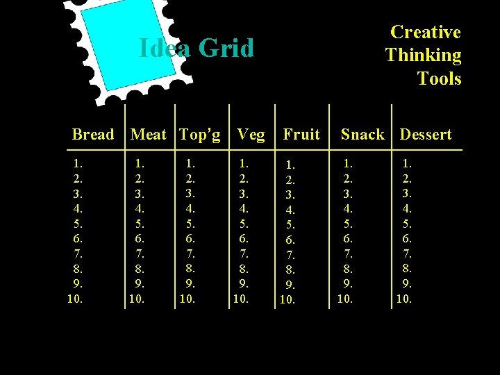 Creative Thinking Tools Idea Grid Bread Meat Top’g Veg 1. 2. 3. 4. 5.