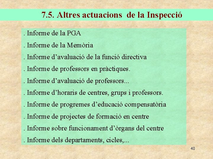 7. 5. Altres actuacions de la Inspecció. Informe de la PGA. Informe de la