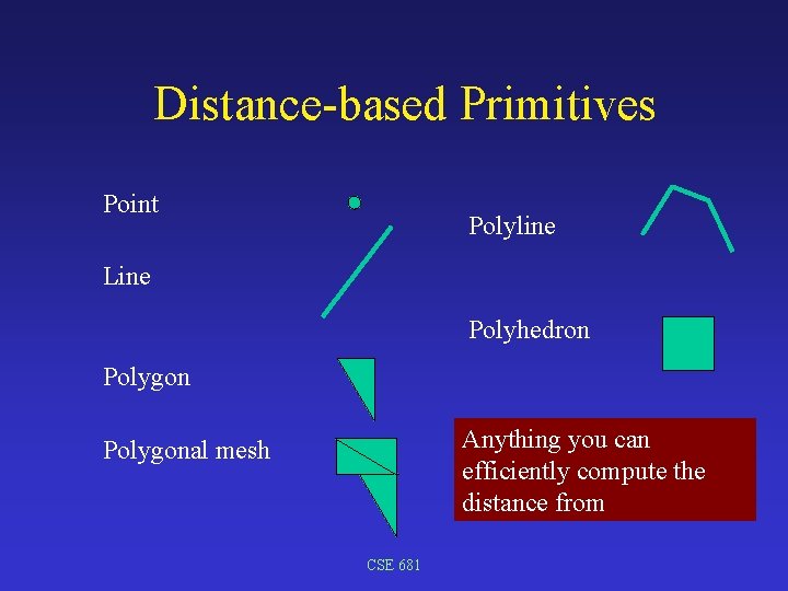 Distance-based Primitives Point Polyline Line Polyhedron Polygon Anything you can efficiently compute the distance