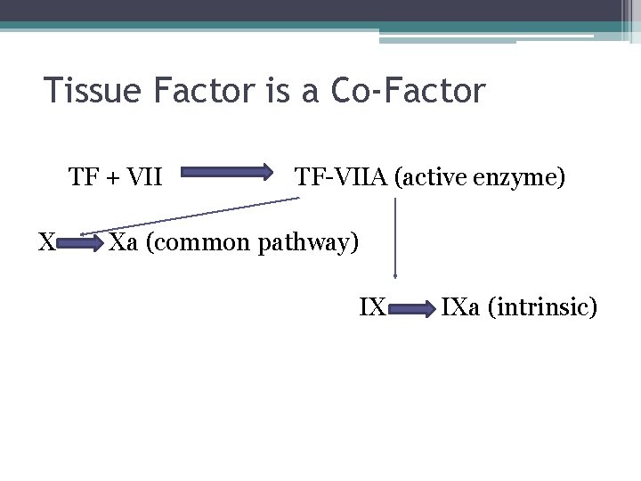 Tissue Factor is a Co-Factor TF + VII X TF-VIIA (active enzyme) Xa (common