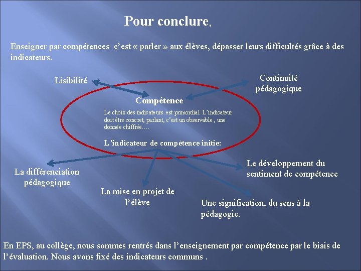 Pour conclure, Enseigner par compétences c’est « parler » aux élèves, dépasser leurs difficultés