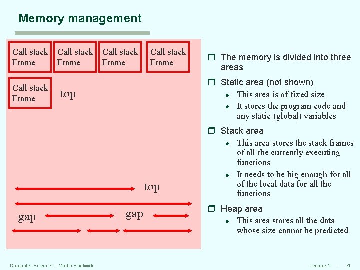 Memory management Call stack Frame Call stack Frame r Static area (not shown) l