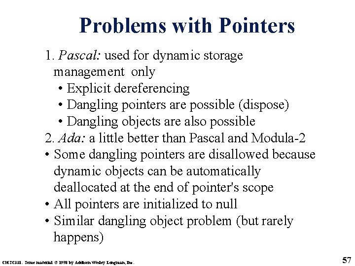 Problems with Pointers 1. Pascal: used for dynamic storage management only • Explicit dereferencing