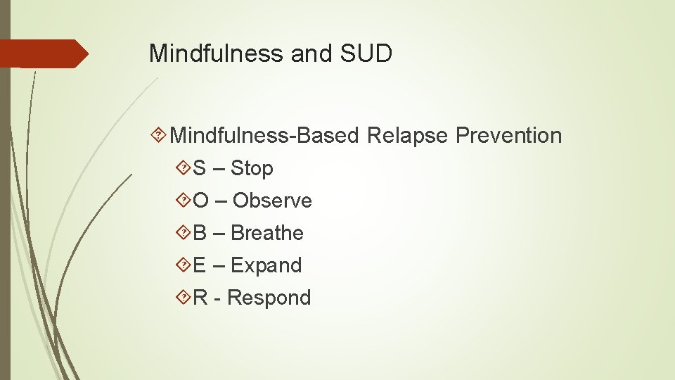 Mindfulness and SUD Mindfulness-Based Relapse Prevention S – Stop O – Observe B –