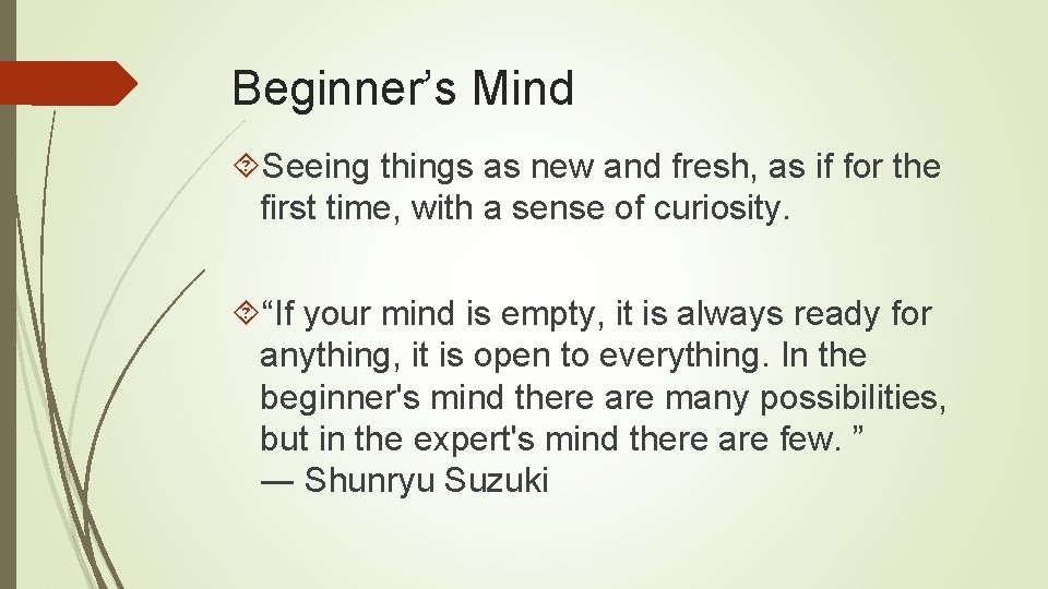 Beginner’s Mind Seeing things as new and fresh, as if for the first time,