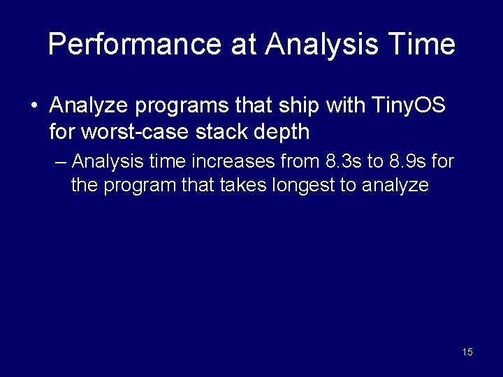 Performance at Analysis Time • Analyze programs that ship with Tiny. OS for worst-case