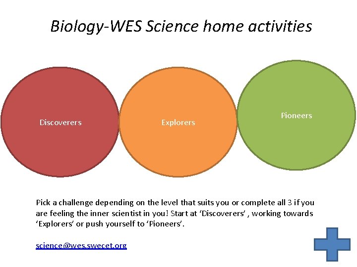 Biology-WES Science home activities Discoverers Explorers Pioneers Pick a challenge depending on the level