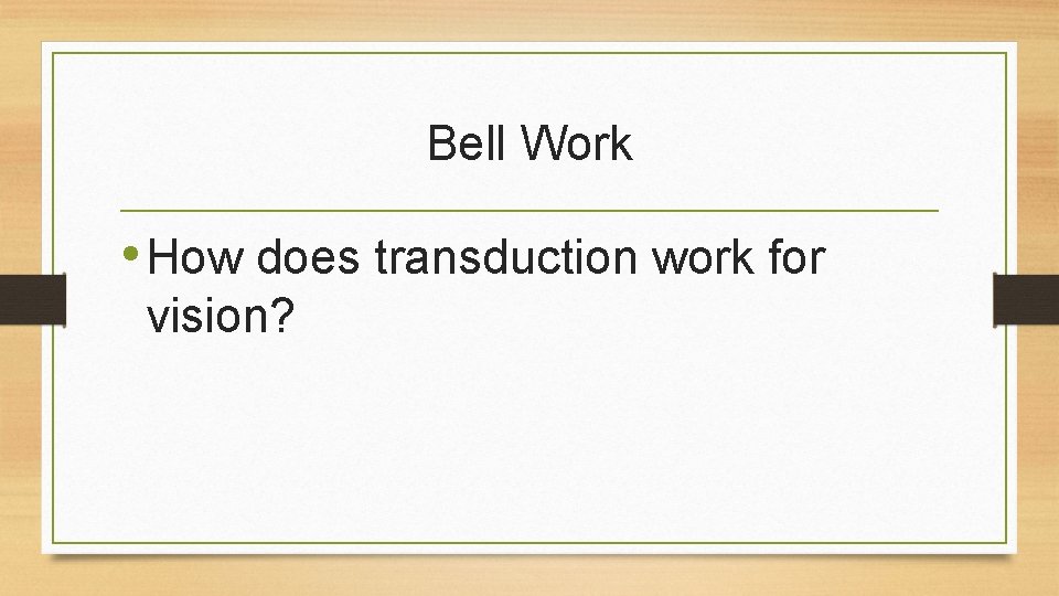 Bell Work • How does transduction work for vision? 