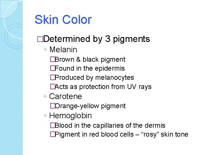 Skin Color �Determined by 3 pigments ◦ Melanin �Brown & black pigment �Found in