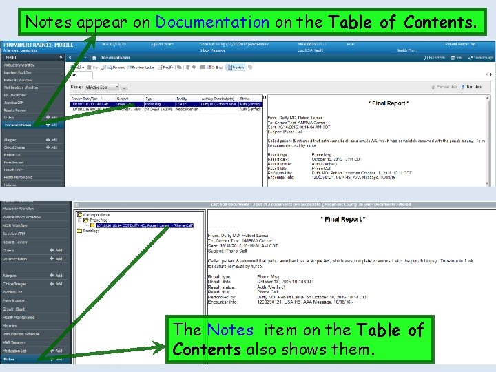 Notes appear on Documentation on the Table of Contents. The Notes item on the