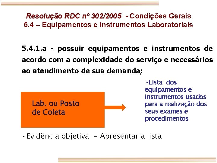 Resolução RDC nº 302/2005 - Condições Gerais 5. 4 – Equipamentos e Instrumentos Laboratoriais