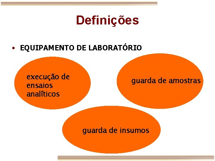 Definições • EQUIPAMENTO DE LABORATÓRIO execução de ensaios analíticos guarda de amostras guarda de