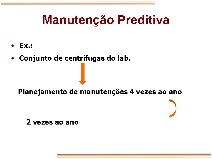 Manutenção Preditiva • Ex. : • Conjunto de centrífugas do lab. Planejamento de manutenções