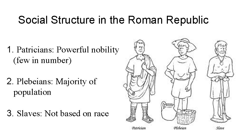 Social Structure in the Roman Republic 1. Patricians: Powerful nobility (few in number) 2.