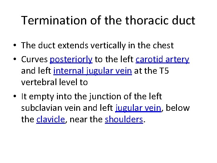 Termination of the thoracic duct • The duct extends vertically in the chest • Termination of the thoracic duct • The duct extends vertically in the chest •