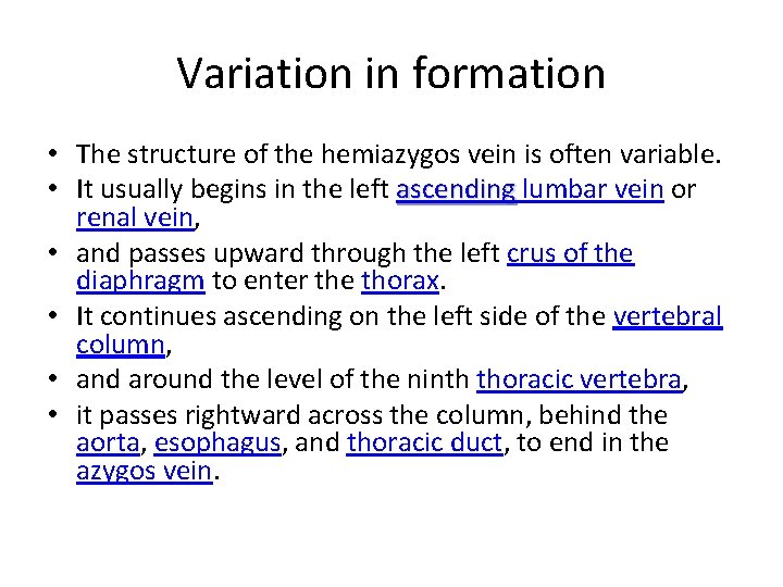 Variation in formation • The structure of the hemiazygos vein is often variable. • Variation in formation • The structure of the hemiazygos vein is often variable. •