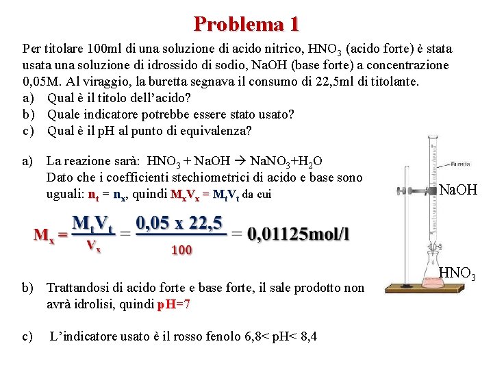 Problema 1 Per titolare 100 ml di una soluzione di acido nitrico, HNO 3