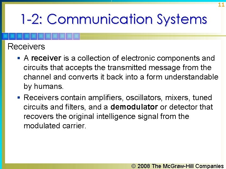 11 1 -2: Communication Systems Receivers § A receiver is a collection of electronic