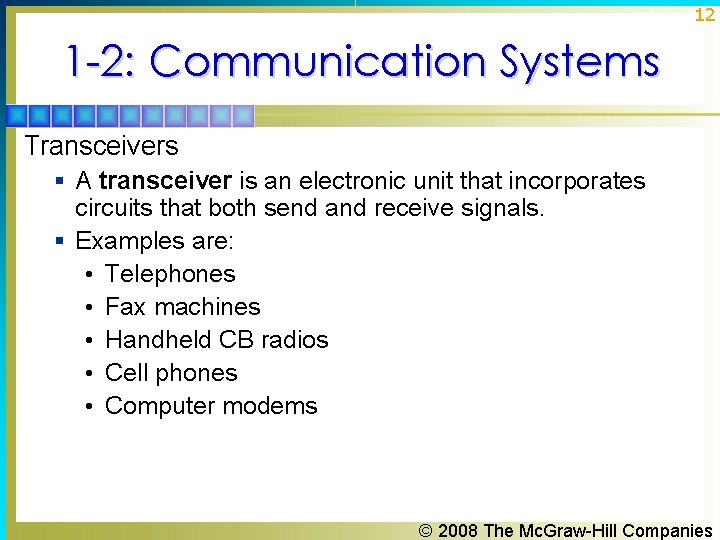 12 1 -2: Communication Systems Transceivers § A transceiver is an electronic unit that