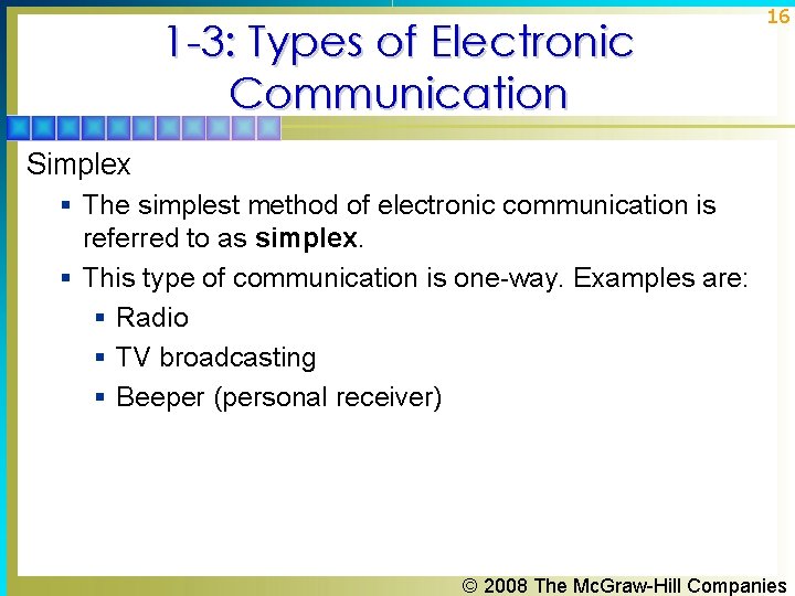 1 -3: Types of Electronic Communication 16 Simplex § The simplest method of electronic