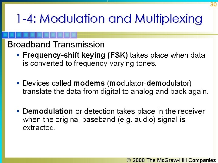 30 1 -4: Modulation and Multiplexing Broadband Transmission § Frequency-shift keying (FSK) takes place