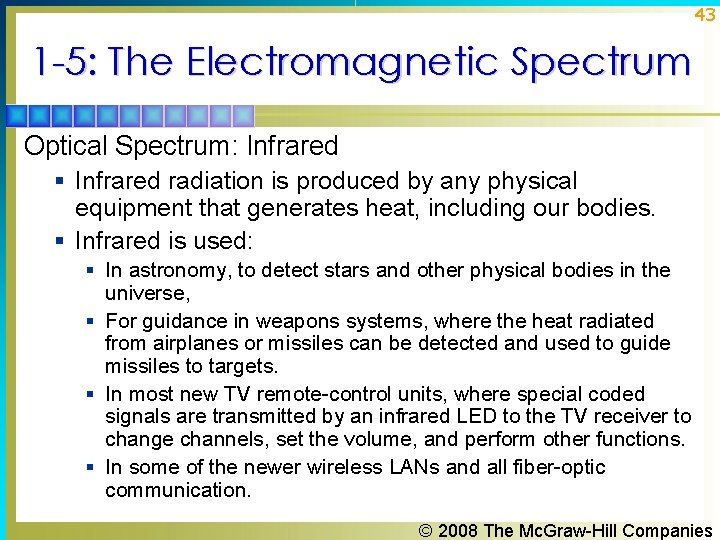 43 1 -5: The Electromagnetic Spectrum Optical Spectrum: Infrared § Infrared radiation is produced