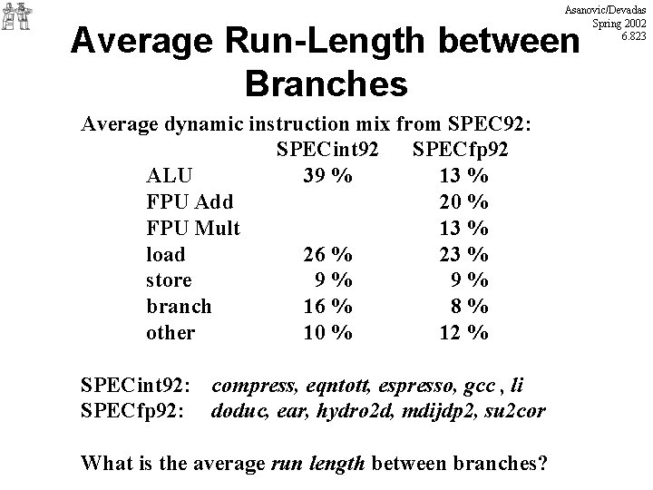 Asanovic/Devadas Spring 2002 6. 823 Average Run-Length between Branches Average dynamic instruction mix from