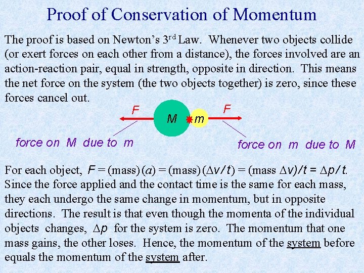 Proof of Conservation of Momentum The proof is based on Newton’s 3 rd Law.