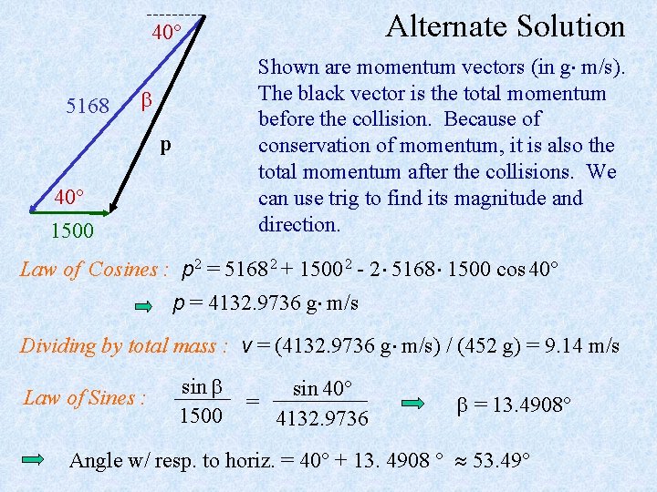 Alternate Solution 40 5168 Shown are momentum vectors (in g m/s). The black vector