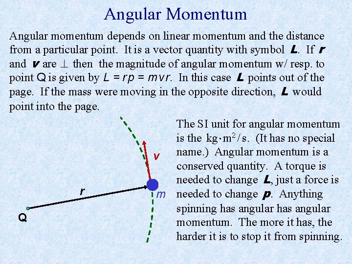 Angular Momentum Angular momentum depends on linear momentum and the distance from a particular