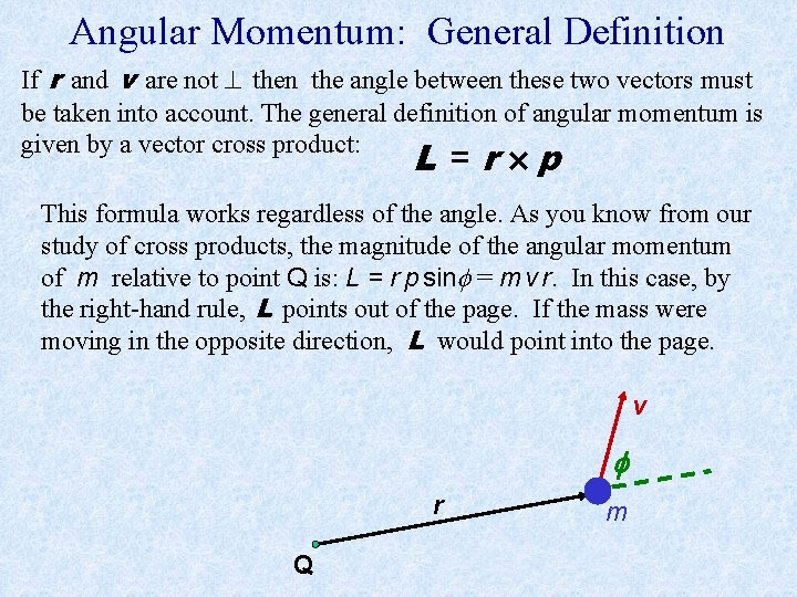 Angular Momentum: General Definition If r and v are not then the angle between