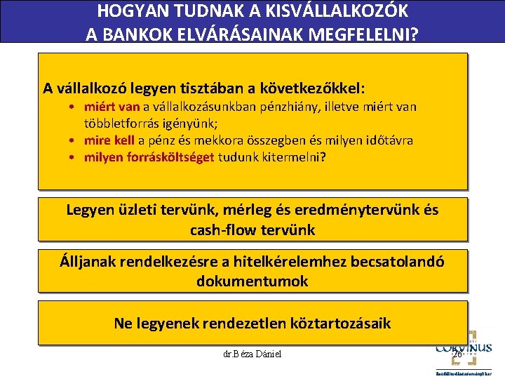 HOGYAN TUDNAK A KISVÁLLALKOZÓK A BANKOK ELVÁRÁSAINAK MEGFELELNI? A vállalkozó legyen tisztában a következőkkel: