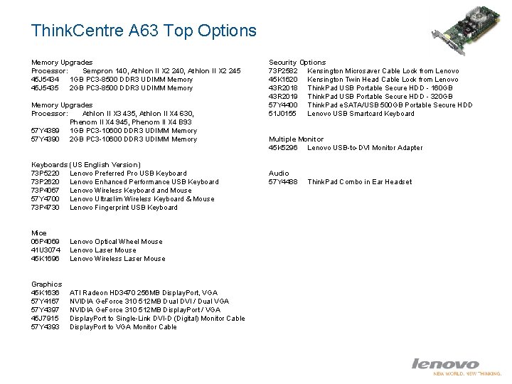 Think. Centre A 63 Top Options Memory Upgrades Processor: Sempron 140, Athlon II X