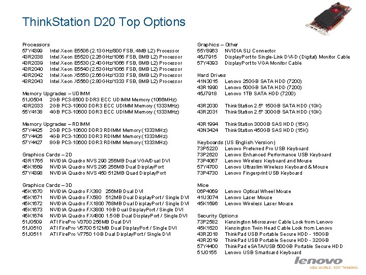 Think. Station D 20 Top Options Processors 57 Y 4399 Intel Xeon E 5506